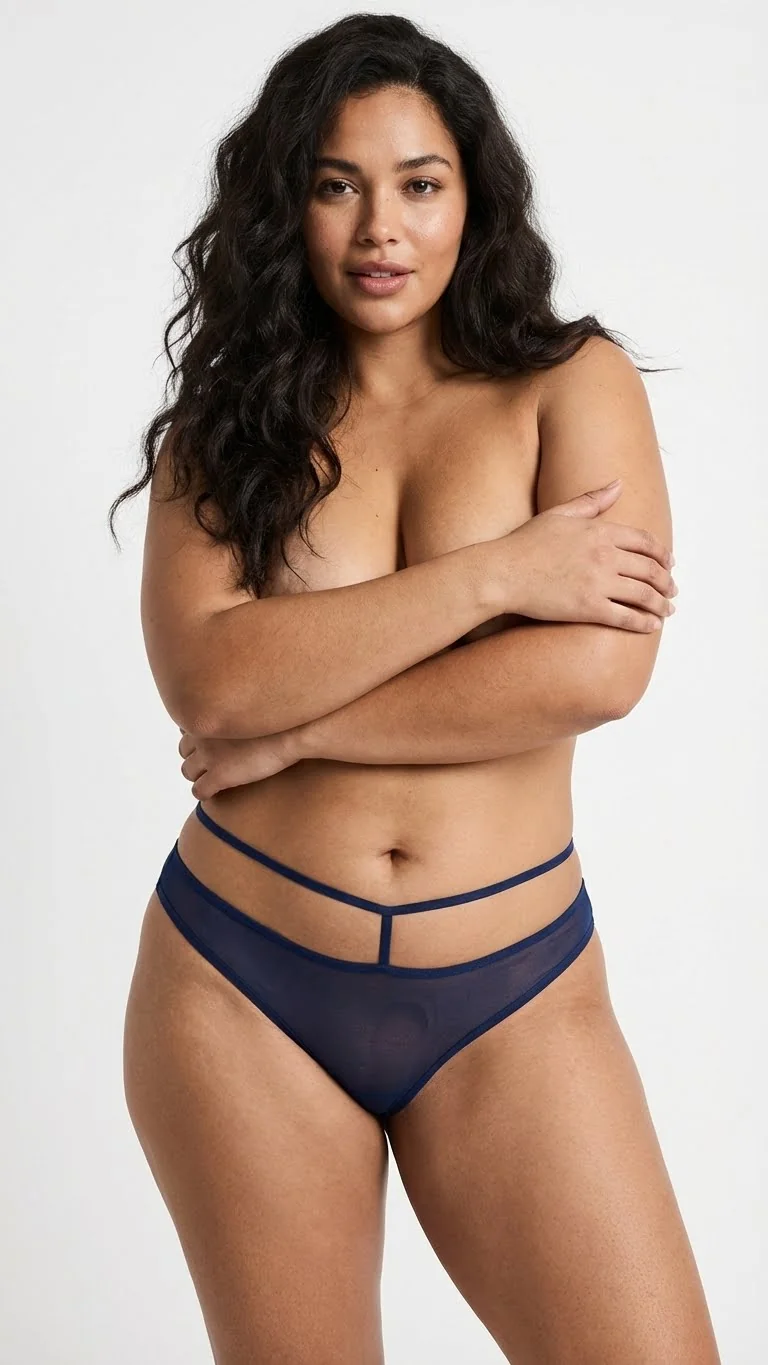 Arkası Çapraz Bantlı Tül Tanga Midnight Blue - Önü Transparan ve Kafes Detaylı String - Arka Görünüm - LunaIntim